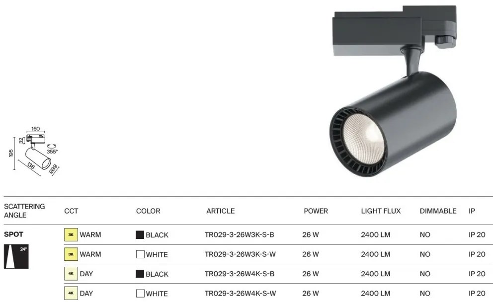 Spot LED, accesoriu pentru sinele trifazate Trinity, Vuoro alb 3000K 26W