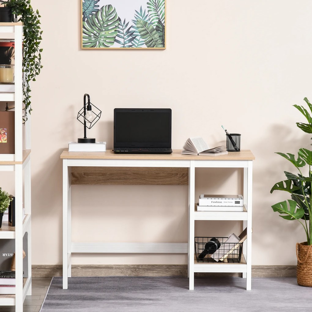 HOMCOM Birou pentru computer multimedia dim. 110L x 48l x 76H cm 2 étagères latérales MDF E1 stejar deschis Alb | Aosom Romania