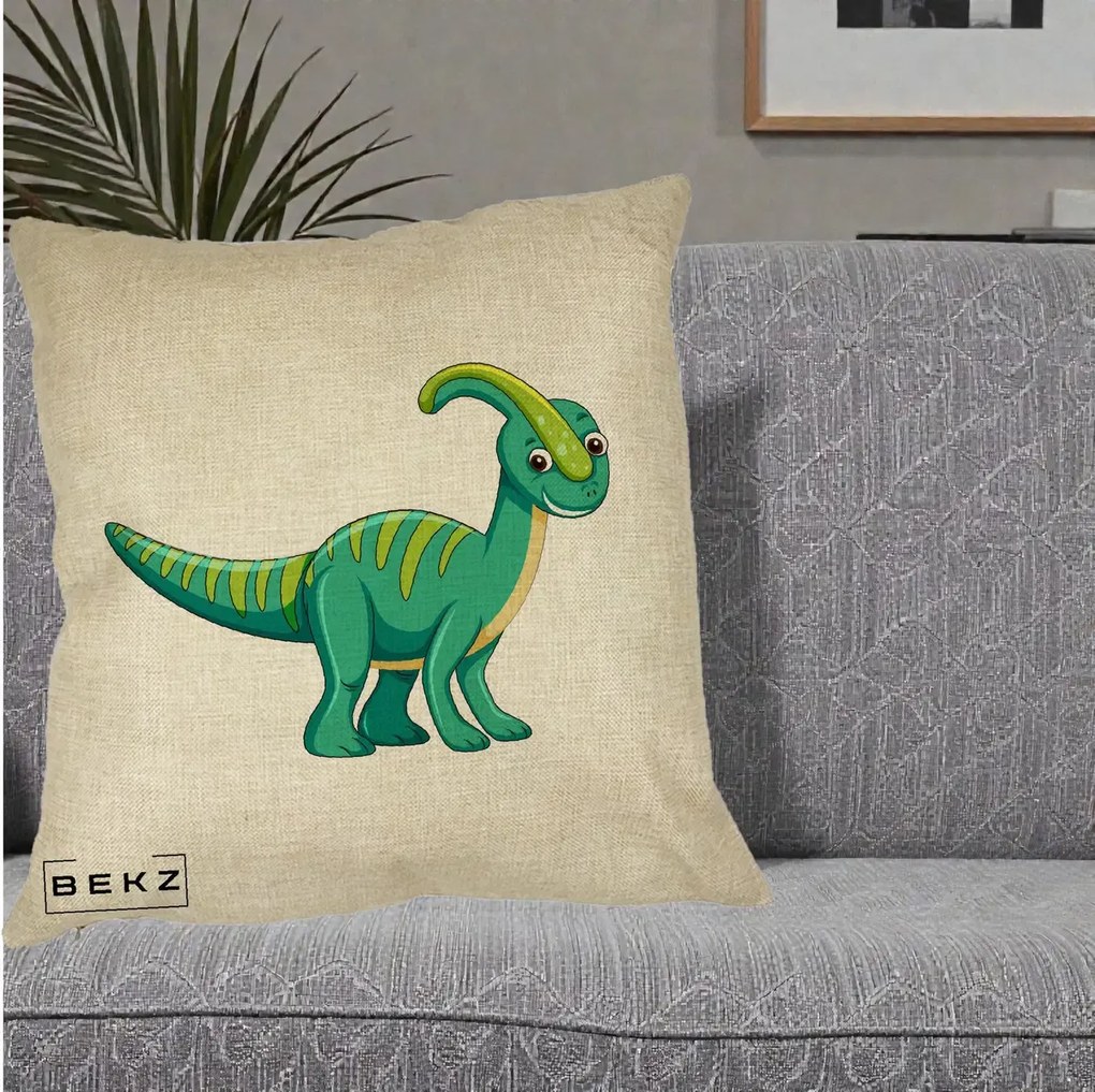Perna Decorativa Parasaur Verde, 40x40 cm, Crem, Husa Detasabila, Perna Inclusa, BEKZ®