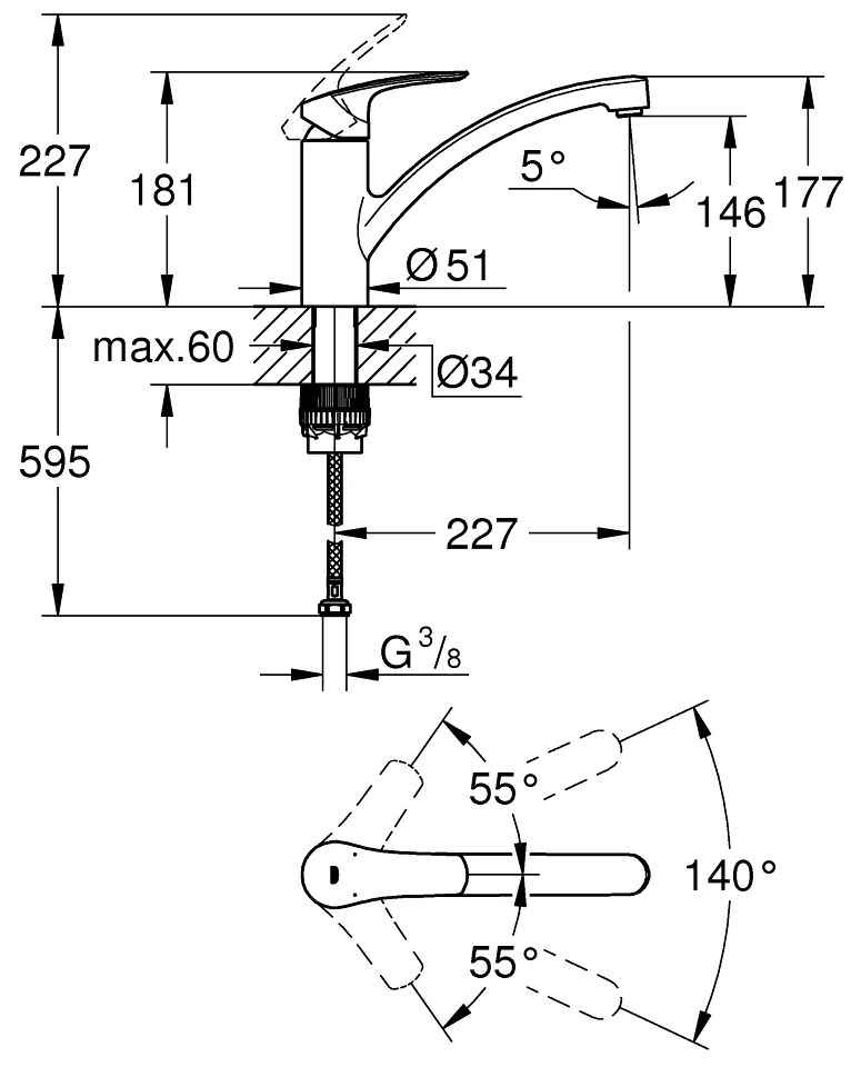 Baterie bucatarie Grohe Eurosmart 2021, pipa pivotanta,furtunuri flexibile, crom-33281003