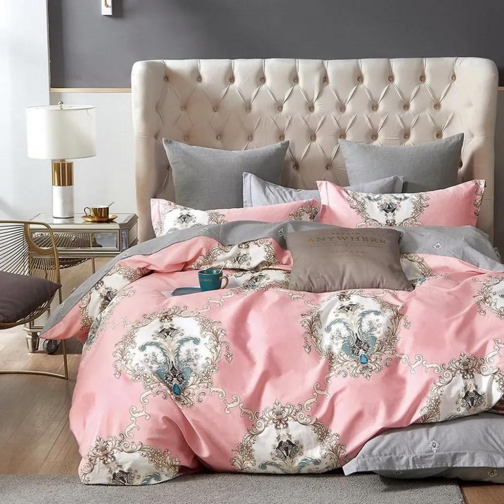 Lenjerie de pat reversibilă roz 4 părți: 1buc 160 cmx200 + 2buc 70 cmx80 + cearșaf de pat