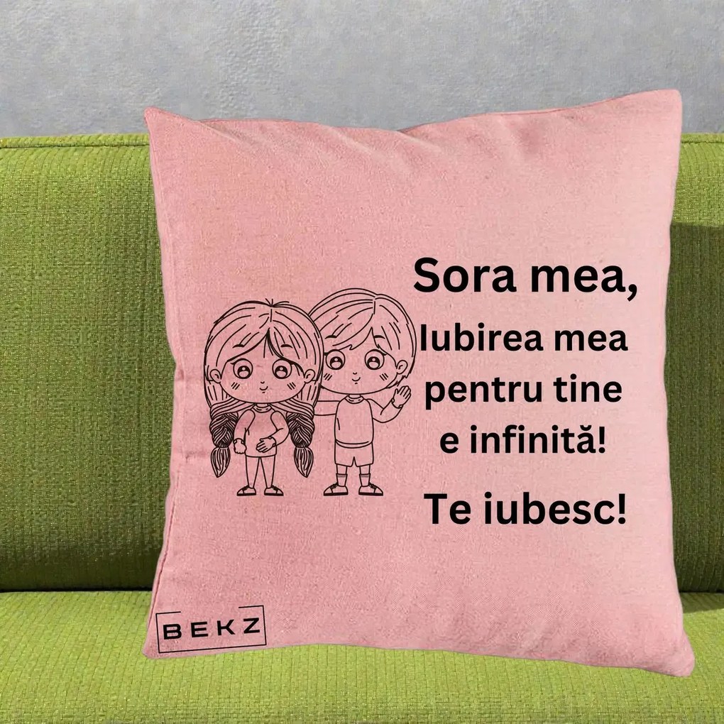 Cadou pentru Sora - Perna Personalizata Sora Mea Te Iubesc Copii Anime Line Art, 40x40 cm, Roz, Husa Detasabila, Perna Inclusa, BEKZ®