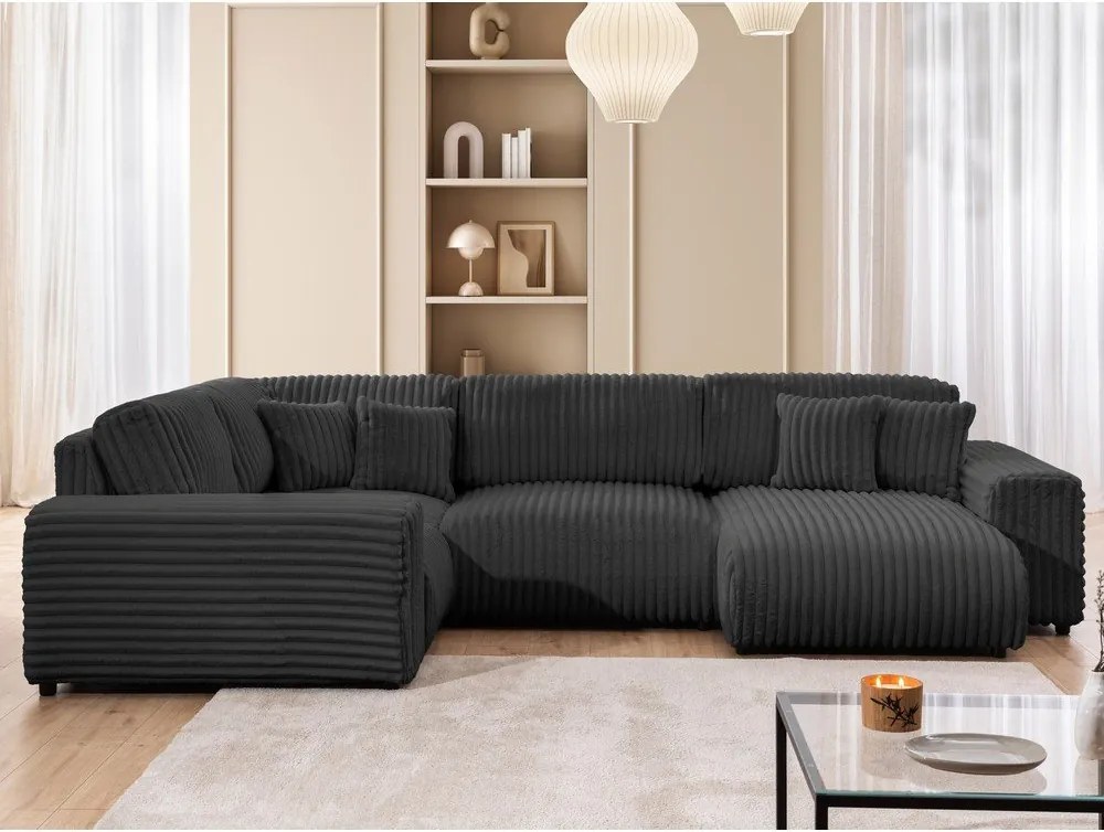 Colțar gri închis cu tapițerie din catifea reiată (cu colț pe partea stângă/în formă de "U") Justin – Ropez