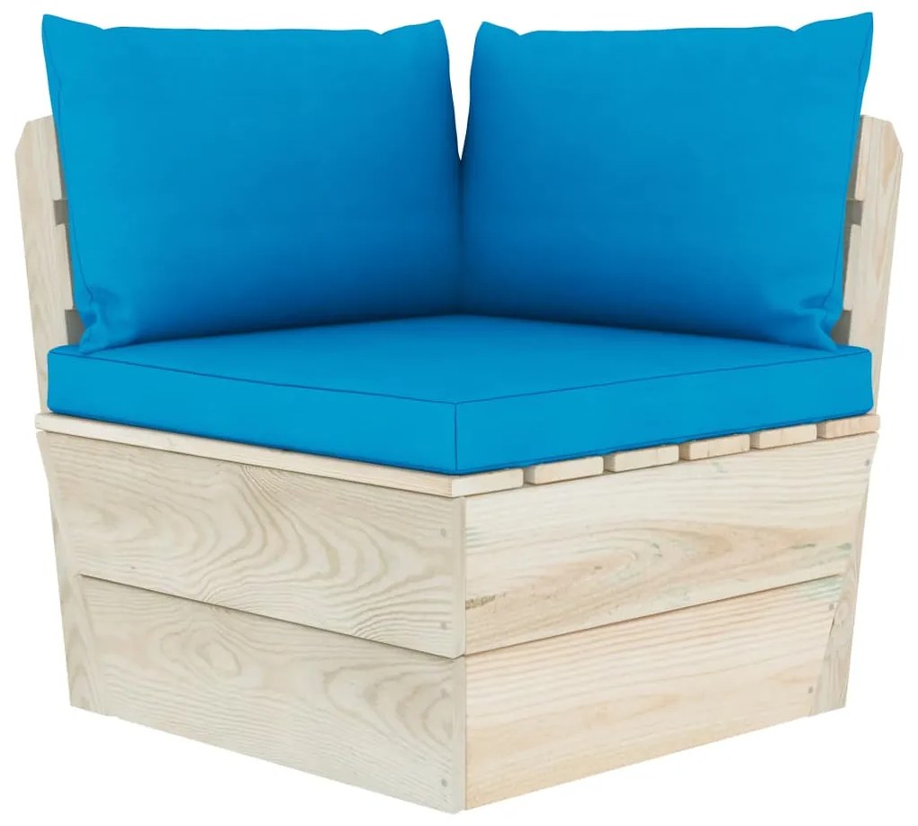Set mobilier gradina din paleti, 7 piese, cu perne, lemn molid Albastru deschis, 2x colt + 4x mijloc + masa, 1