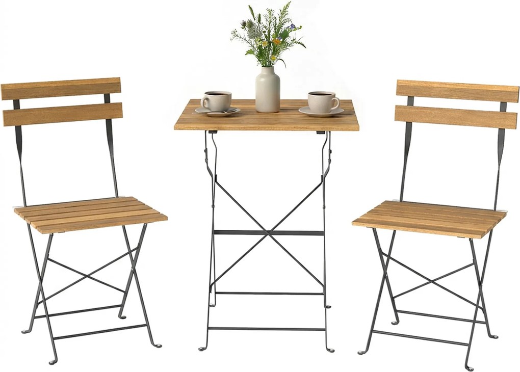 Outsunny Set mobilier de grădină bistro 3 piese, 2 scaune pliabile, masă pătrată din lemn de acacia, 55x55x71cm, natural | Aosom Romania