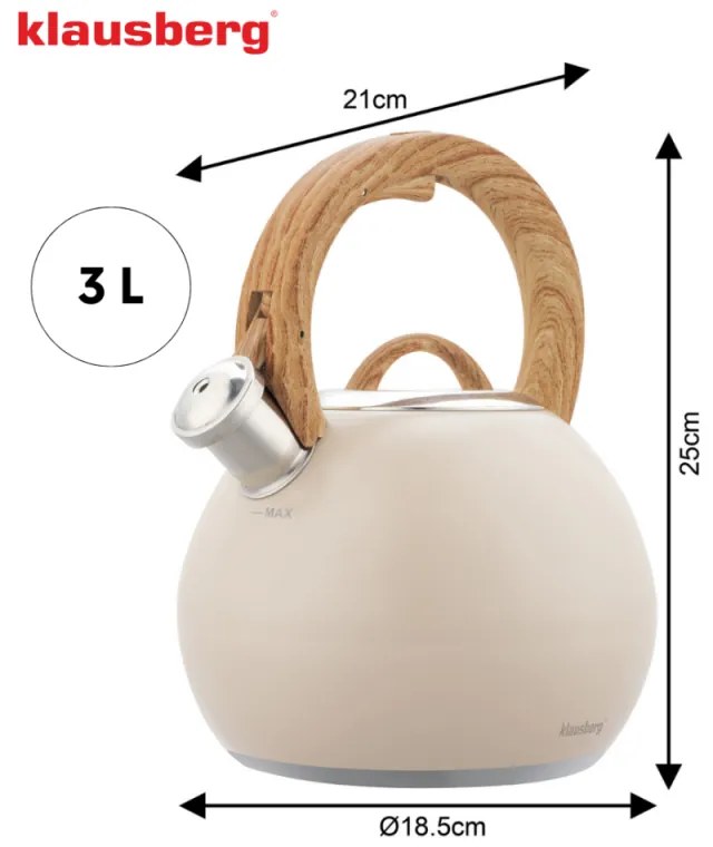 Fierbător fluierător Klausberg KB 7956, 3l, Mâner termoizolat, Fund multistrat, Inducție, Bej