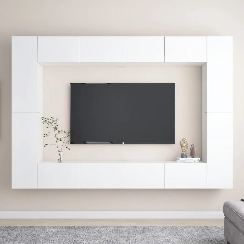 3079300 vidaXL Set de dulapuri TV, 8 piese, alb extralucios, lemn prelucrat