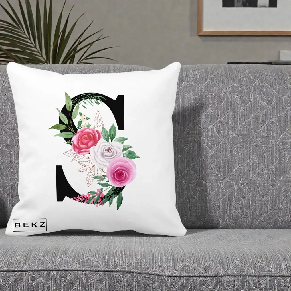 Cadou Personalizat - Perna Personalizata Monograma Florala Litera S, 40x40 cm, Alba Mata, Husa Detasabila, Perna Inclusa, BEKZ®