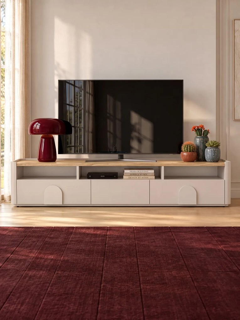 Comodă TV Amilio 200 cm cu sertare - cashmir / stejar uleiat / mânere cashmir