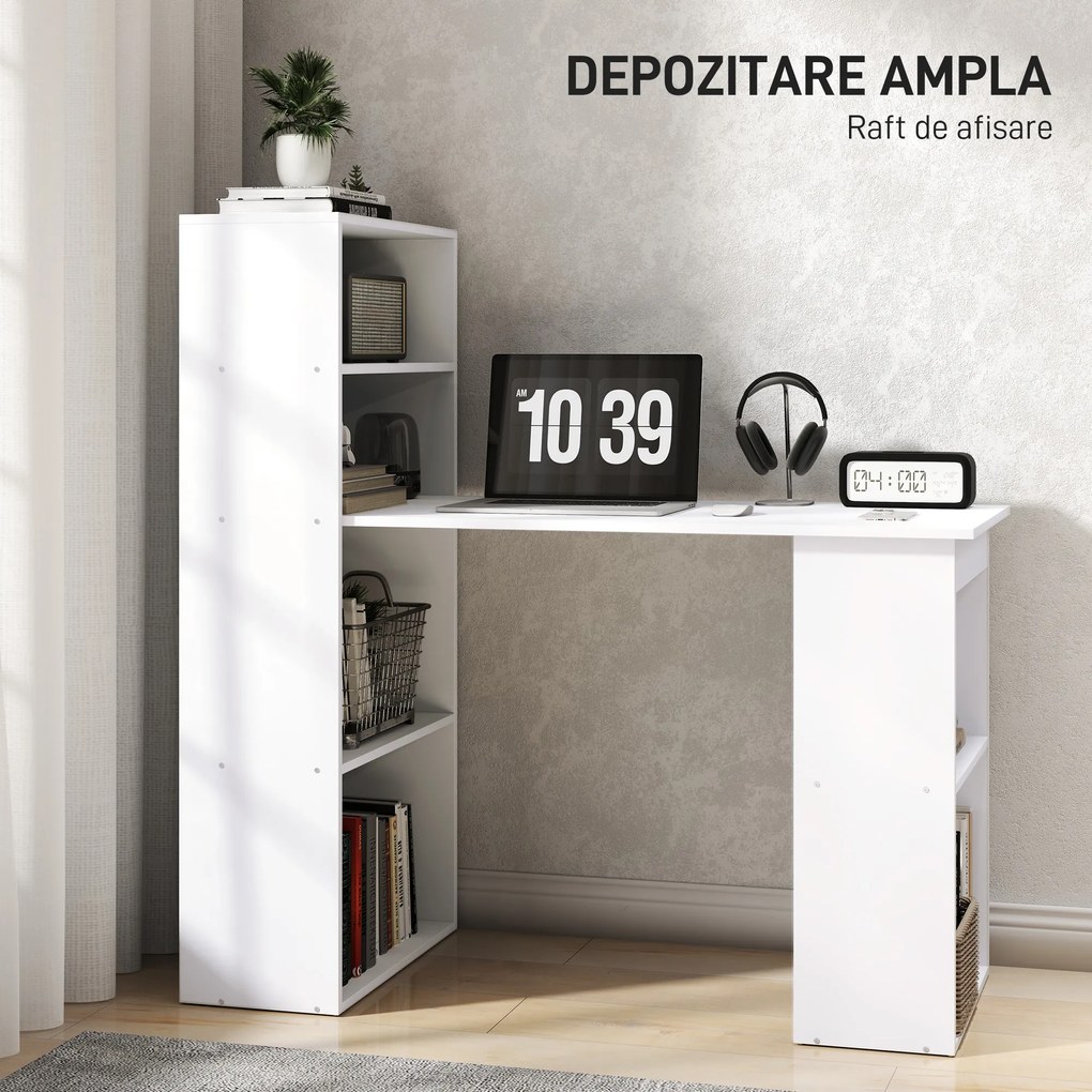 Birou alb modern cu biblioteca cu 6 rafturi din PAL,120x55x120cm HOMCOM | Aosom Romania