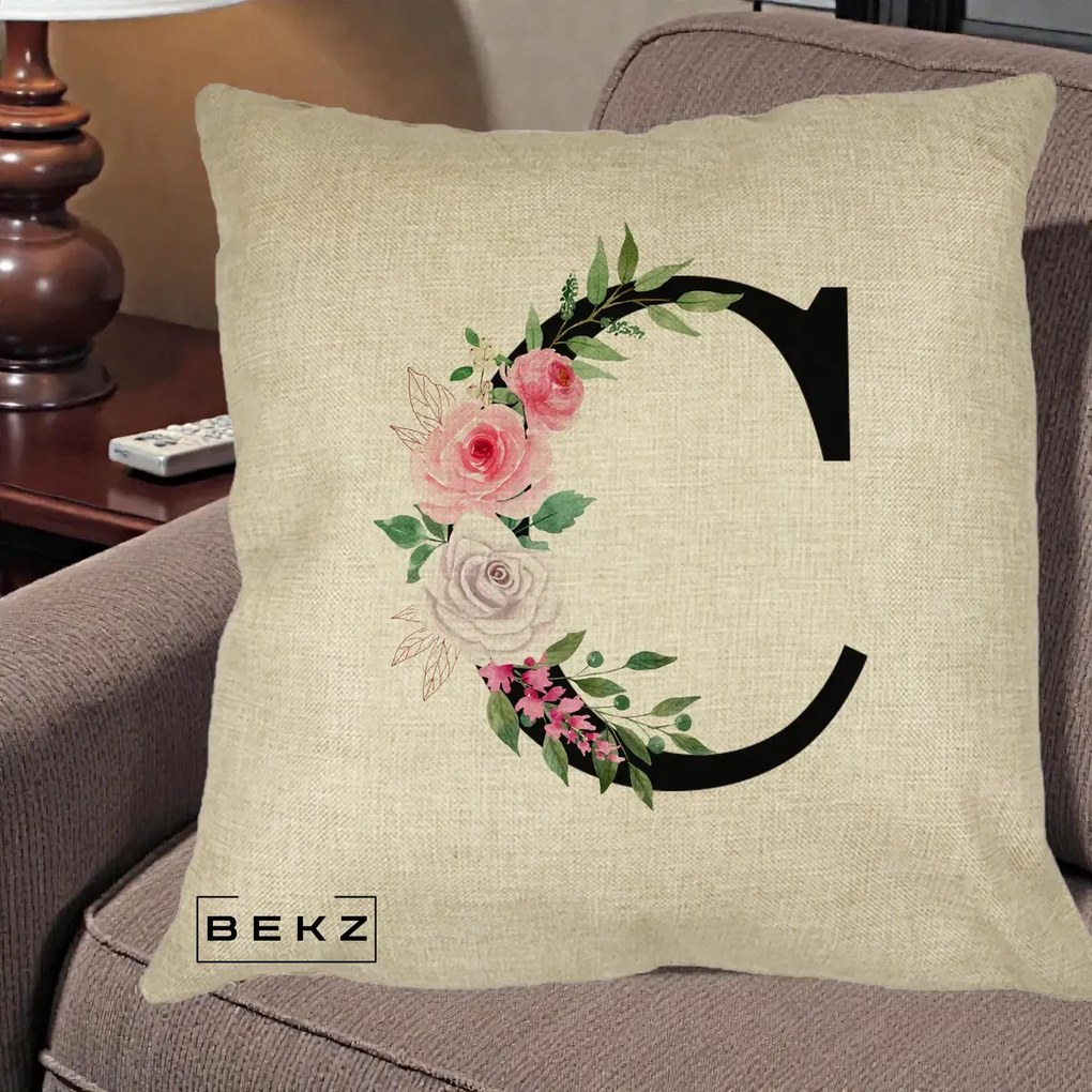 Cadou Personalizat - Perna Personalizata Monograma Florala Litera C, 40x40 cm, Crem, Husa Detasabila, Perna Inclusa, BEKZ®