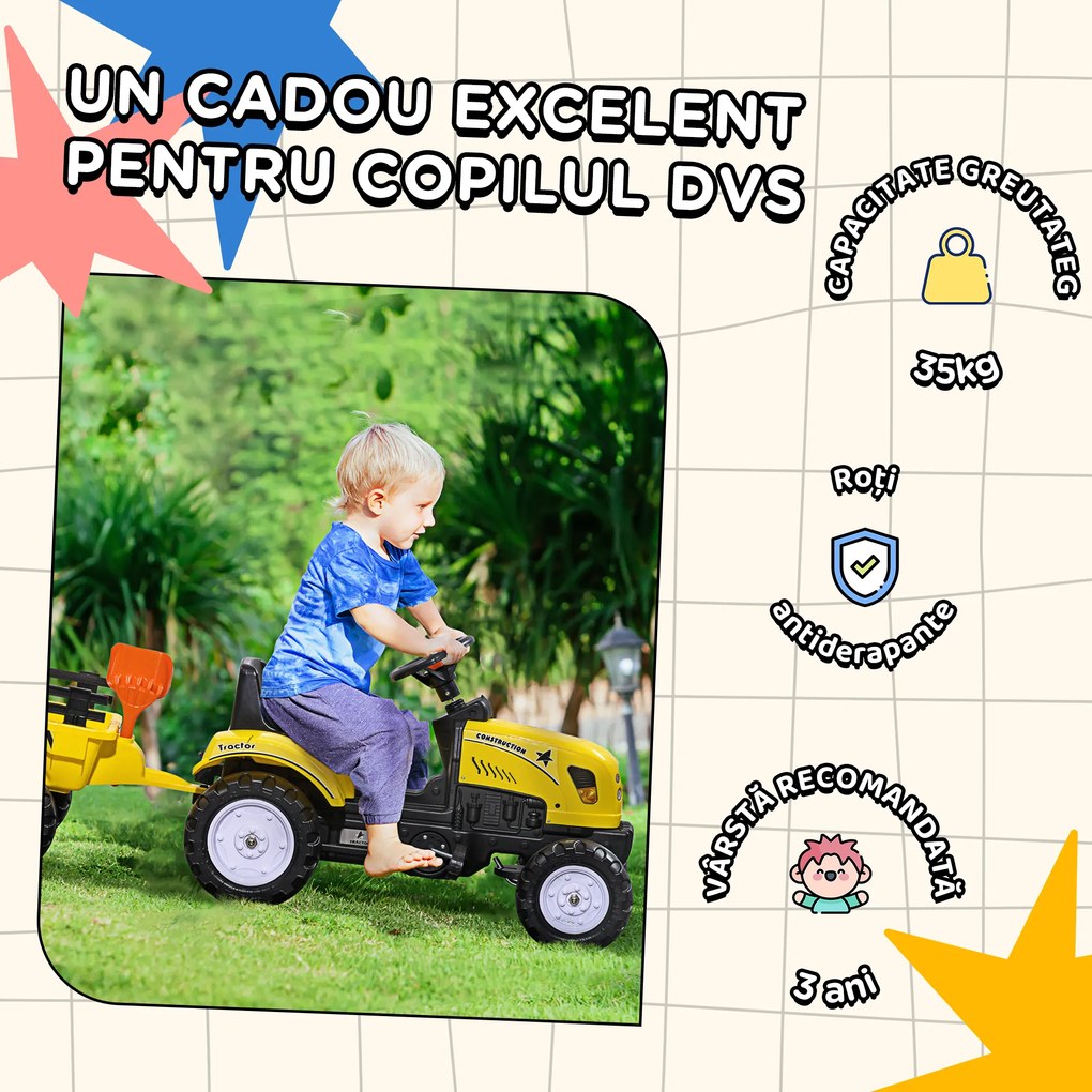 HOMCOM Tractor de Pedalat pentru Copii de 3+ Ani cu Remorcă, Greblă, Lopată și Claxon, 133x42x51 cm, Galben | Aosom Romania