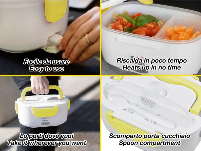 Cutie electrica pentru pranz Beper 90.920G, 40 W, 1 litru, Pana la 60°C, 2 compartimente detasabile, Indicator luminos, Alb/Galben