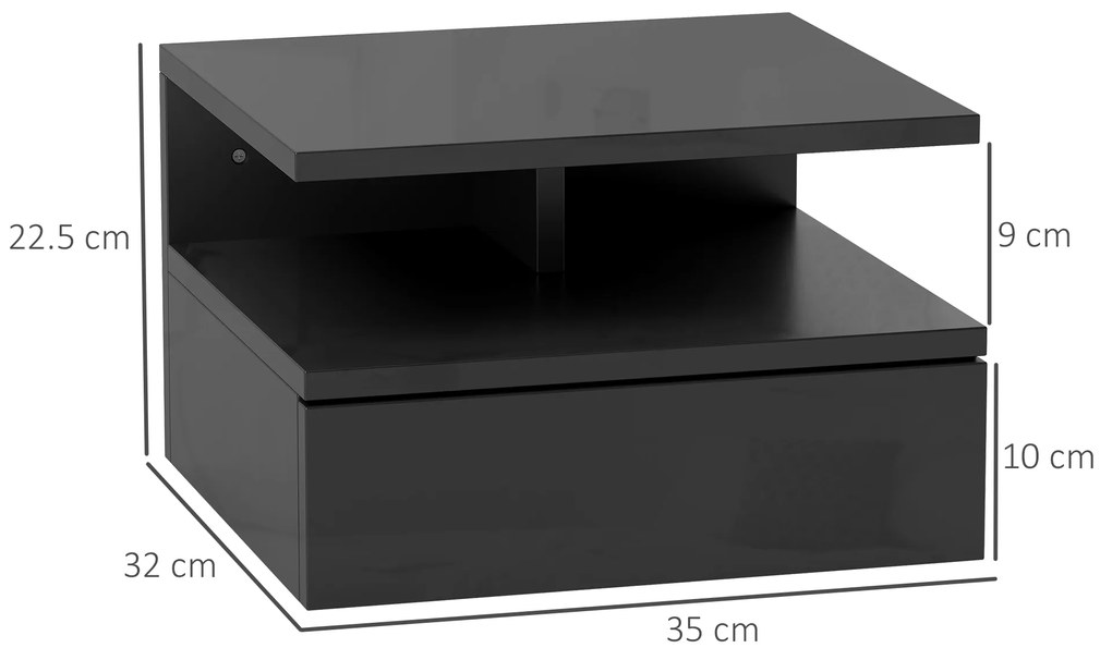 HOMCOM Noptiere Suspendate cu Sertar și Raft Superior din Lemn, 35x32x22,5 cm, Negru | Aosom Romania