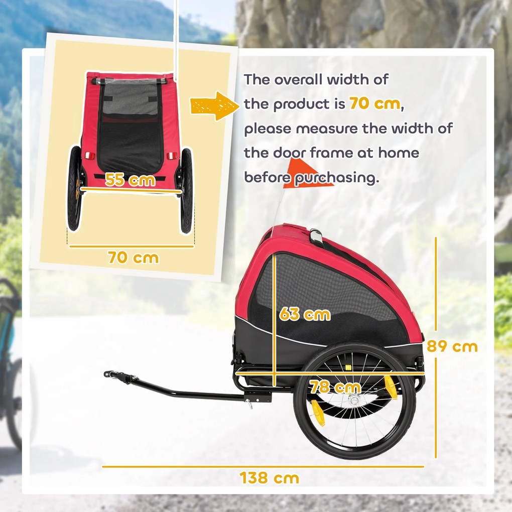 PawHut Remorcă pliabilă pentru câini cu reflectoare, ferestre din plasă, roți, ușă și steag de siguranță pentru câini până la 20 kg 138x70x89 cm Roșu | Aosom Romania