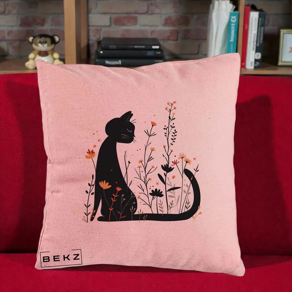Perna Decorativa Pisica Neagra Flori Portocalii Silueta, 40x40 cm, Roz, Husa Detasabila, Perna Inclusa, BEKZ®