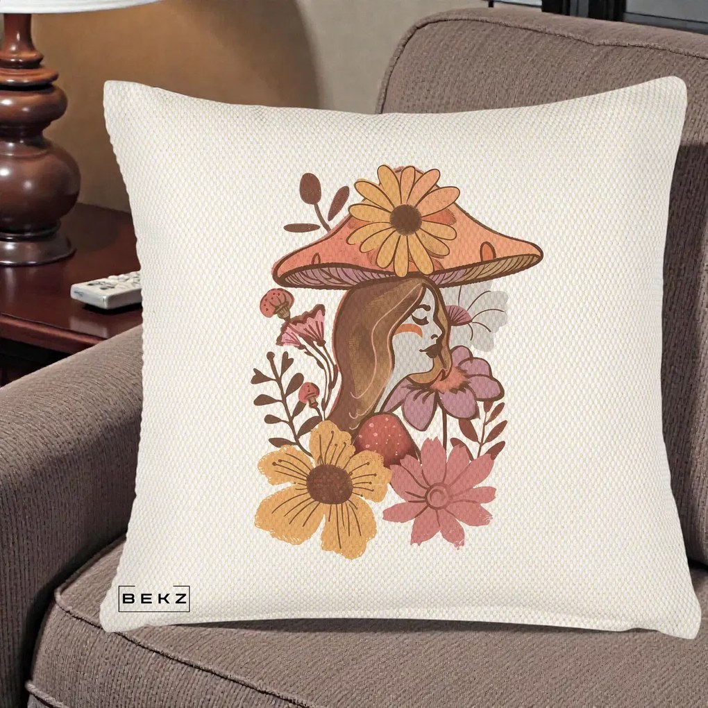Perna Decorativa Fata Ciuperca Florala Boho, 40x40 cm, Crem Reliefat, Husa Detasabila, Perna Inclusa, BEKZ®