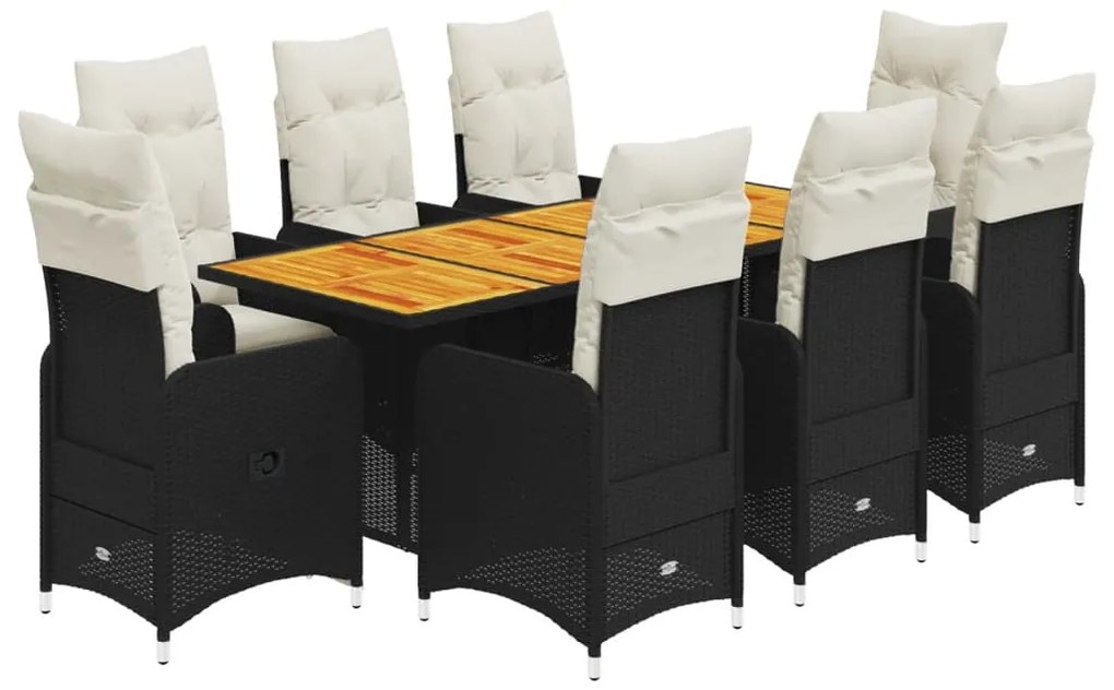 3276986 vidaXL Set bistro de grădină, 9 piese, cu perne, negru, poliratan