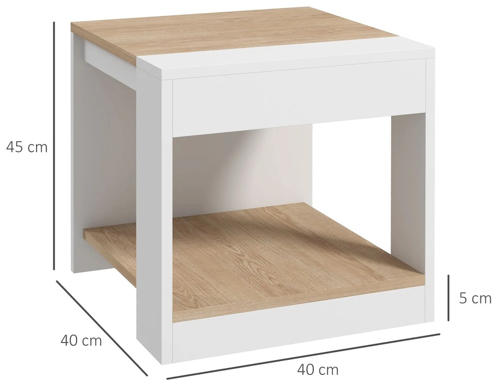 Set de 2 Masute pentru Living cu Design pe Doua Niveluri din PAL, 40x40x45cm, Alb si Stejar HOMCOM | Aosom Romania