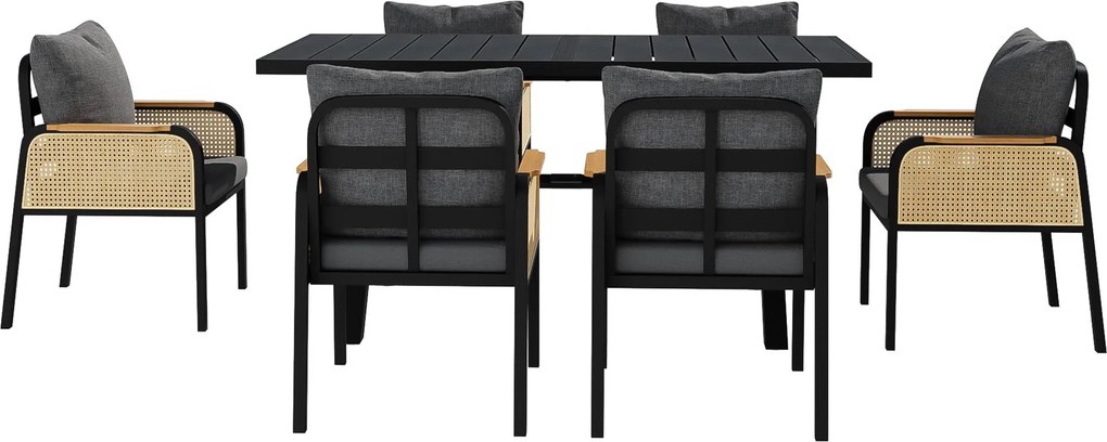 Set modern de masă pentru grădină și terasă, 6 piese, cu cadru din fier în formă de cruce, Negru+Culoare naturală