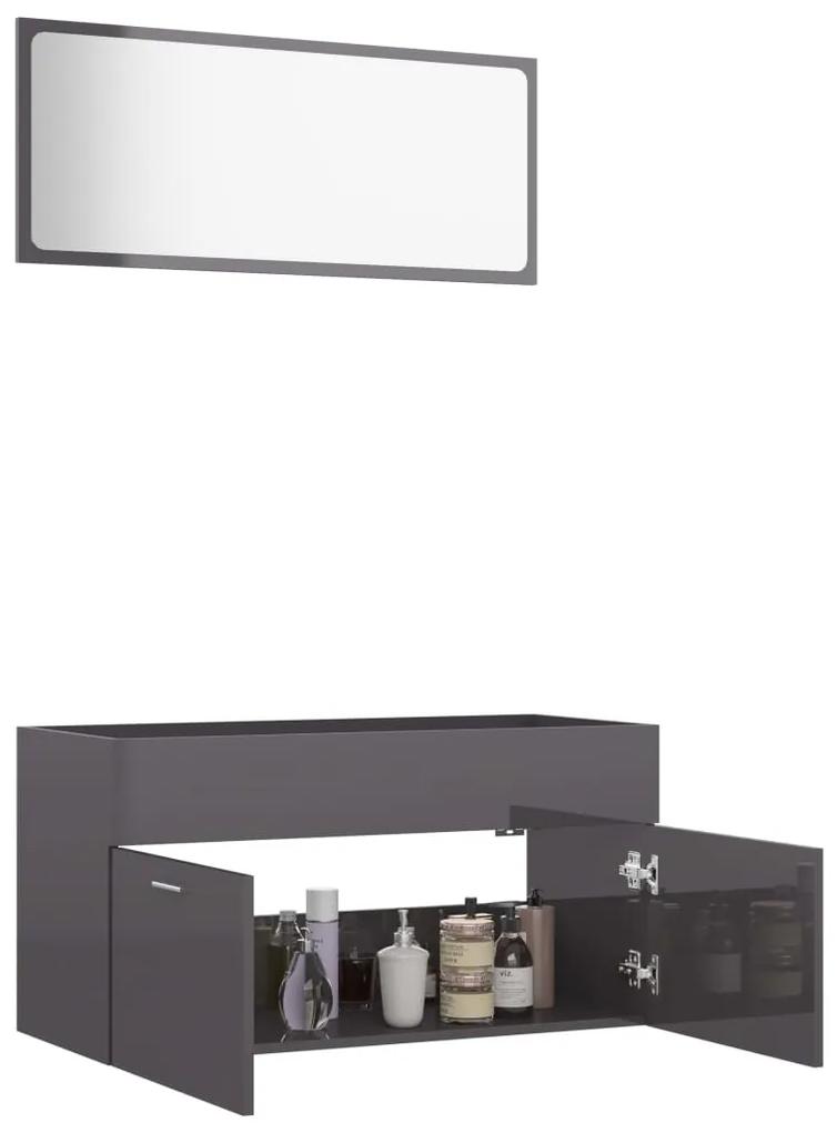 Set mobiler de baie, 2 piese, gri extralucios, PAL gri foarte lucios, Dulap pentru chiuveta + oglinda, 1