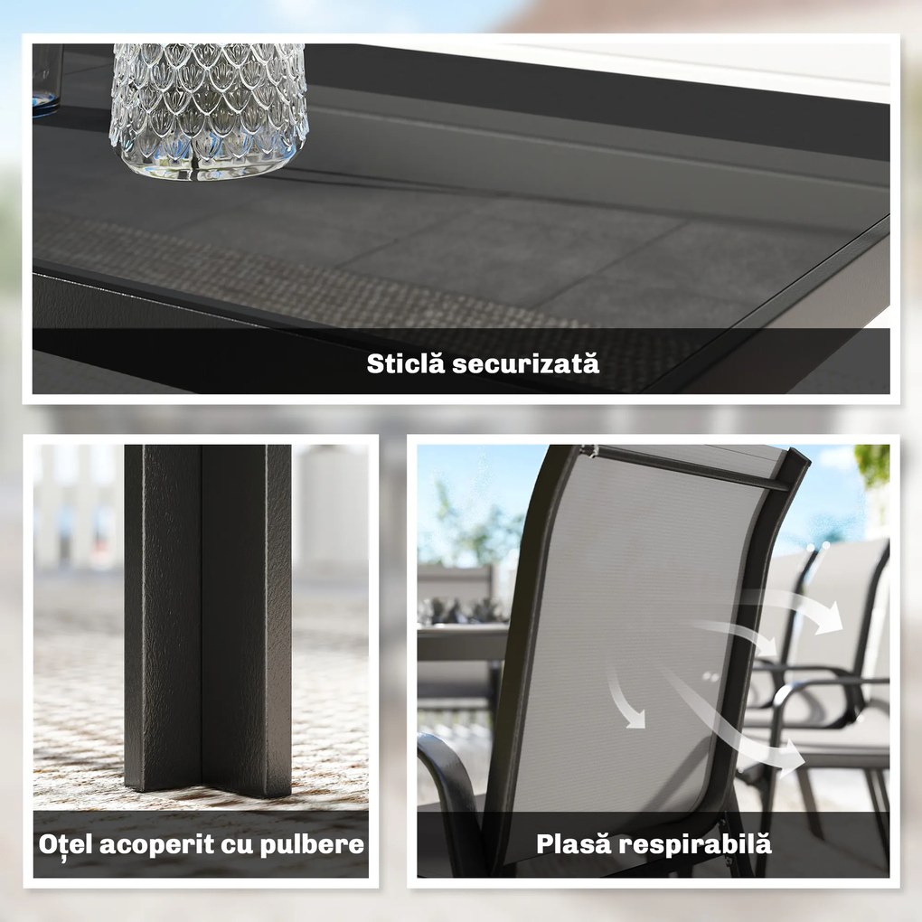 Outsunny Set de Masă de Grădină 9 Piese, Masă și Scaune pentru 8 Persoane, Set Exterior cu Blat din Sticlă Temperată, Gri | Aosom Romania