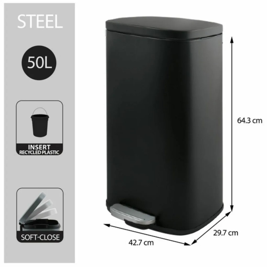 Coș de gunoi cu pedală soft-close Spirella Akira50 l, negru mat, 50 l