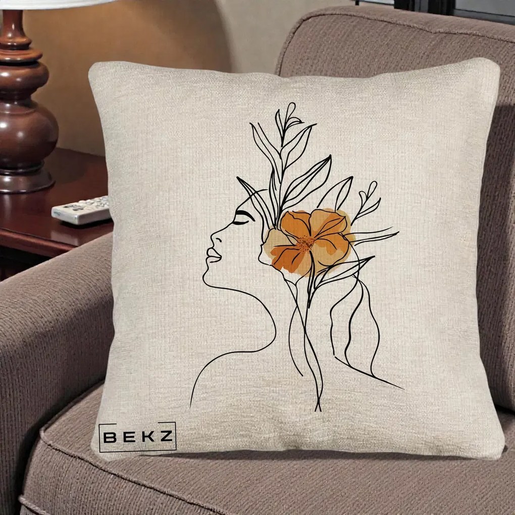 Perna Decorativa Portret Feminin Floare Portocalie Lateral, 40x40 cm, Bej Canapea, Husa Detasabila, Perna Inclusa, BEKZ®