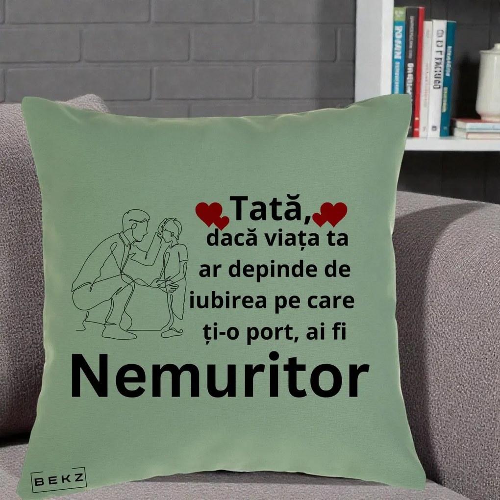 Cadou pentru Tata - Perna Personalizata Tata Nemuritor Baietel, 40x40 cm, Verde, Husa Detasabila, Perna Inclusa, BEKZ®