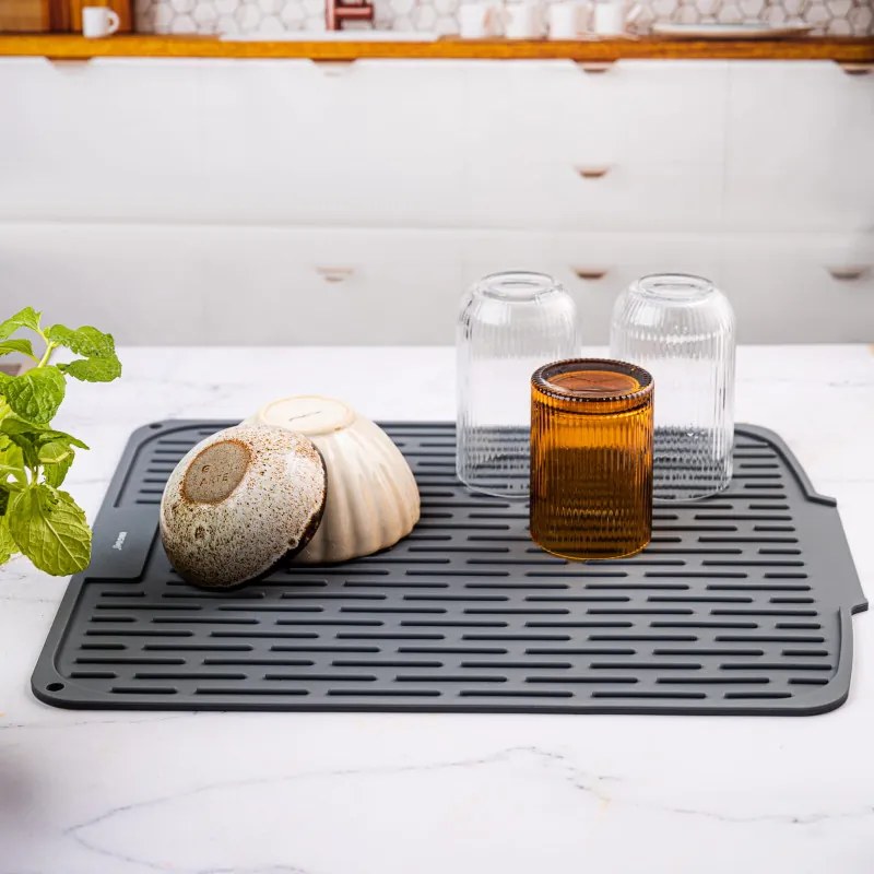 Uscator de vase din silicon KH 1905, 46x40 cm, Suprafata antiderapanta, Marginea de scurgere, Rulare, Gri