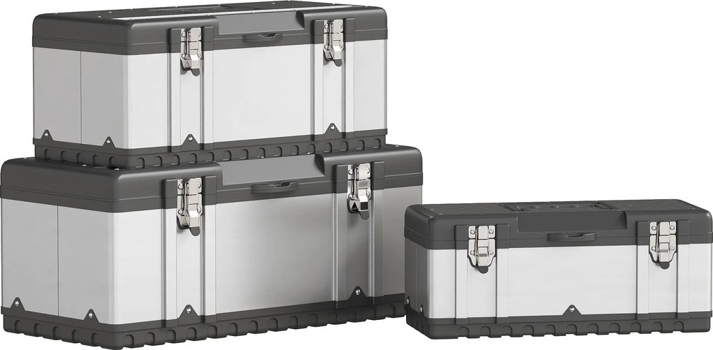 HOMCOM Set de 3 cutii pentru scule, oțel inoxidabil, plastic, culoare argintie | Aosom Romania