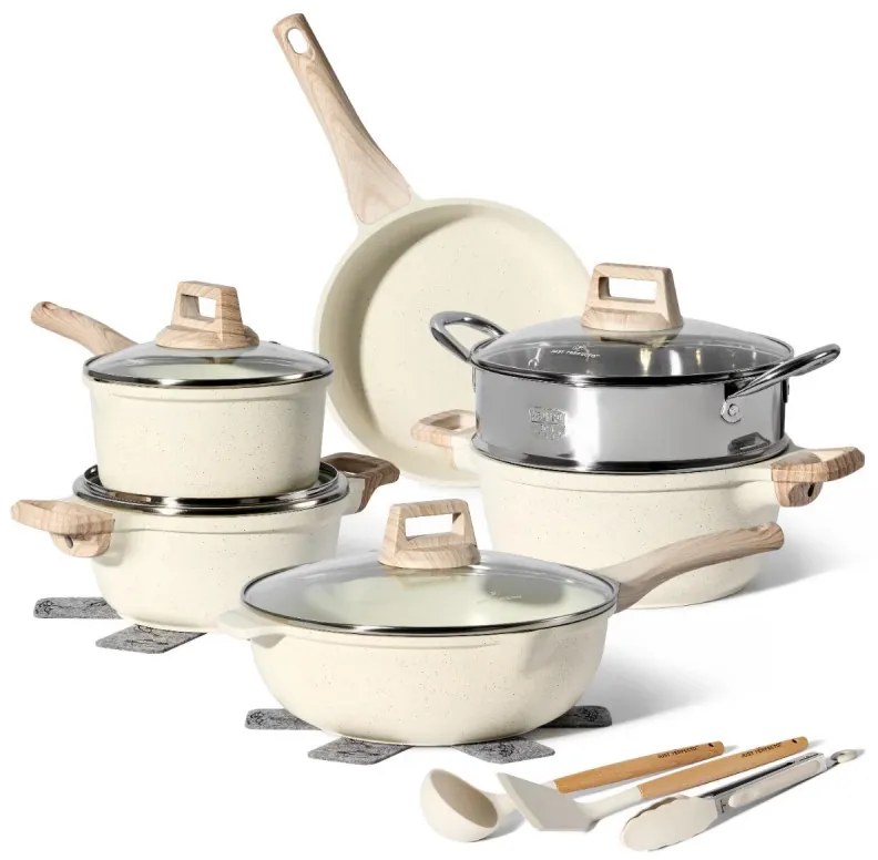 Set oale si tigai Just Perfecto JL-779, 15 piese, Finisaj marmura, Inductie, Oala cu aburi, Accesorii, Bej