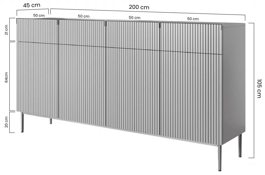 Comodă cu sertare Nicole 200 cm - alb mat / picioare negre