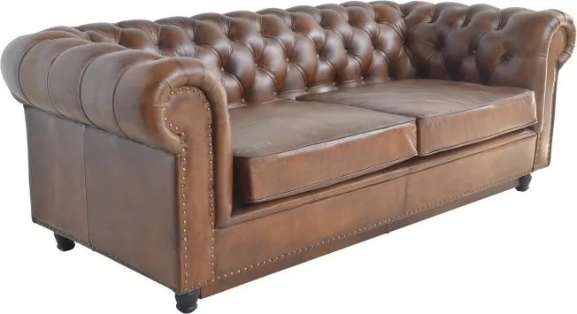 Canapea Chesterfield extensibilă 3 locuri din piele naturală cognac, cu ținte decorative și picioare strunjite, 102 x 220 x 102 cm, „Hargreaves”
