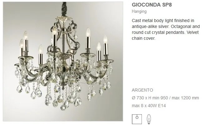 Lustra cristal Venezian diam. 73cm GIOCONDA SP8 ARGENTO 044934