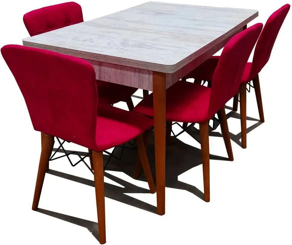 Set masa extensibila cu 4 scaune tapitate Homs cristal alb-rosu110 x 70 cm