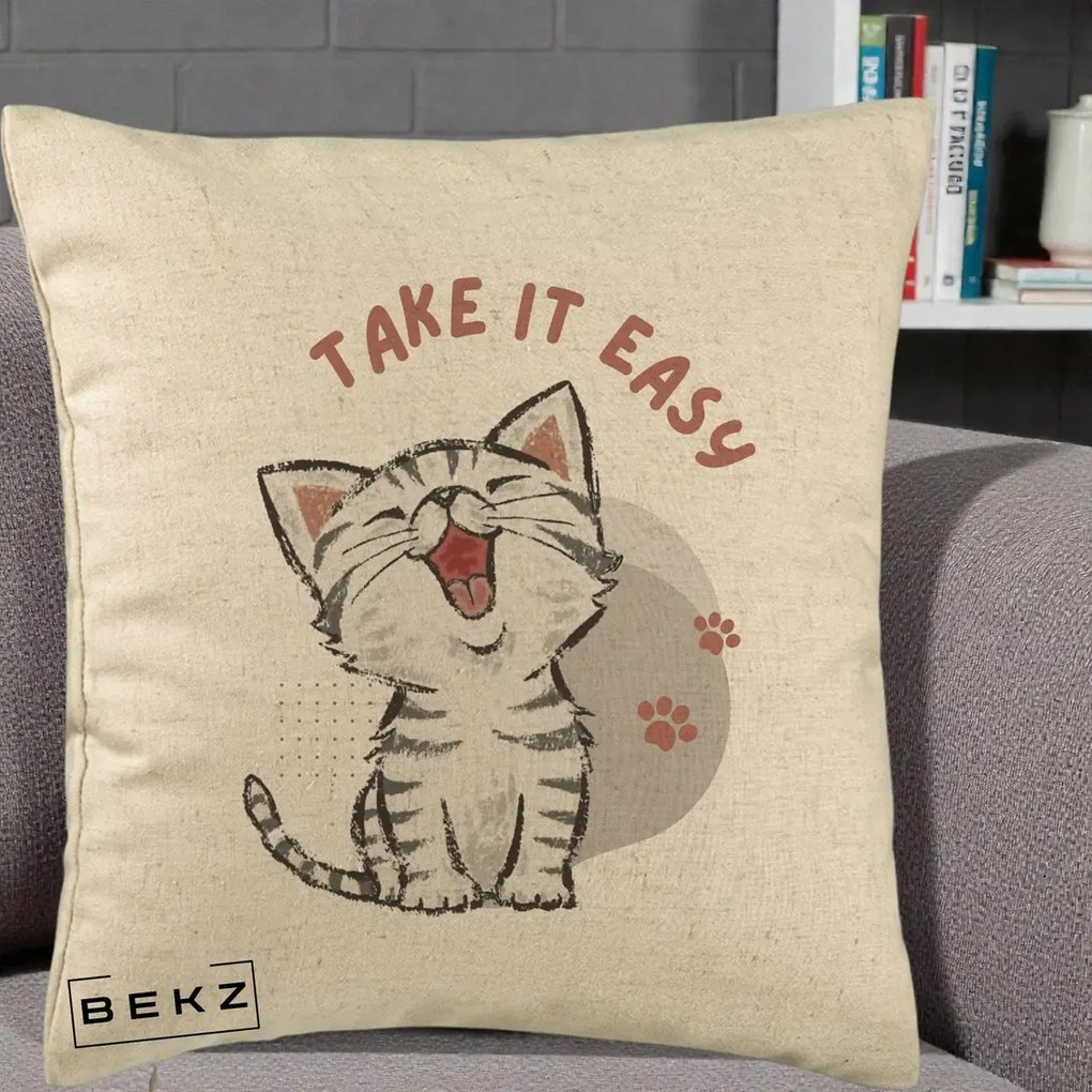 Perna Personalizata Take It Easy Cat, 40x40 cm, Bej, Husa Detasabila, Perna Inclusa, BEKZ®