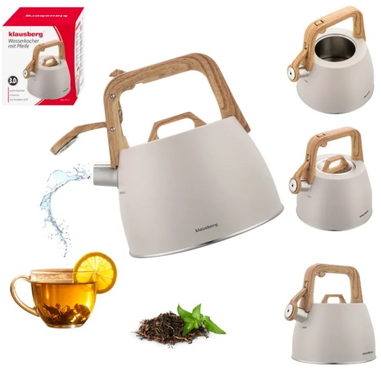 Ceainic cu fluier Klausberg KB-7917, 2,5 l, Maner izolat termic, Inductie, Bej