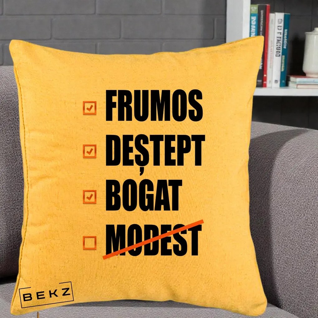 Perna Decorativa Frumos Destept Bogat, 40x40 cm, Galben, Husa Detasabila, Perna Inclusa, BEKZ®
