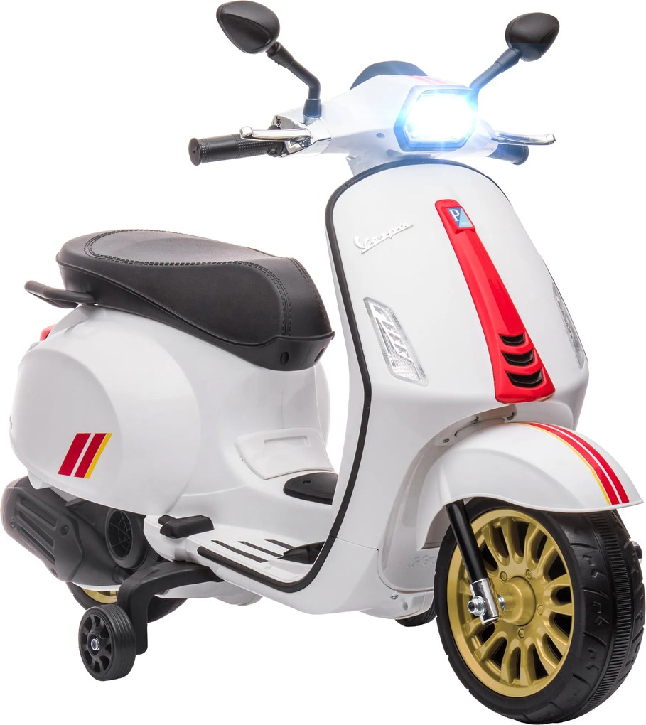 AIYAPLAY Motocicletă electrică pentru copii Vespa 6V dim. 107L x 47l x 73H cm Muzică MP3 Port USB Far 2 roți de antrenare - Alb | Aosom Romania