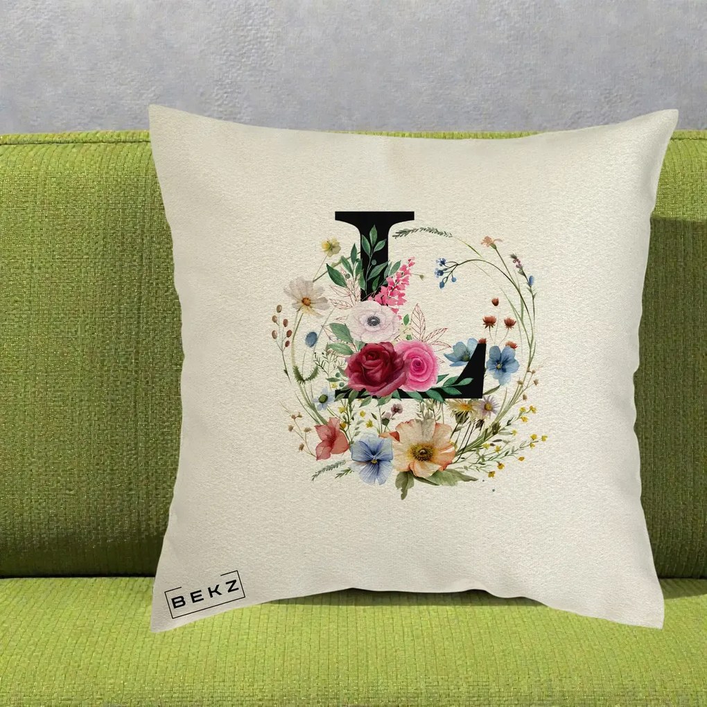 Cadou Personalizat - Perna Personalizata Monogram Litera L cu Flori Acuarela, 40x40 cm, Ecru, Husa Detasabila, Perna Inclusa, BEKZ®
