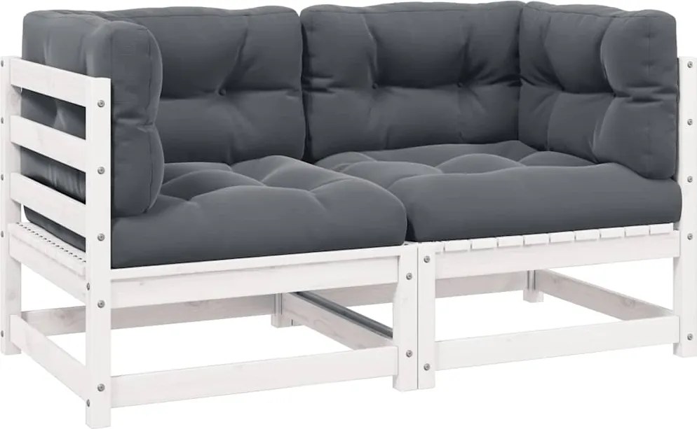 vidaXL Canapea de grădină cu 2 locuri, cu perne, alb, lemn masiv pin