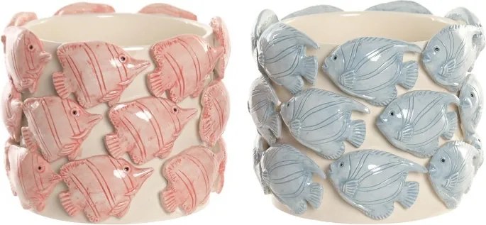 Set 2 ghivece decorative ceramice stil mediteranean, cu model pesti albastru coral , "Boca"