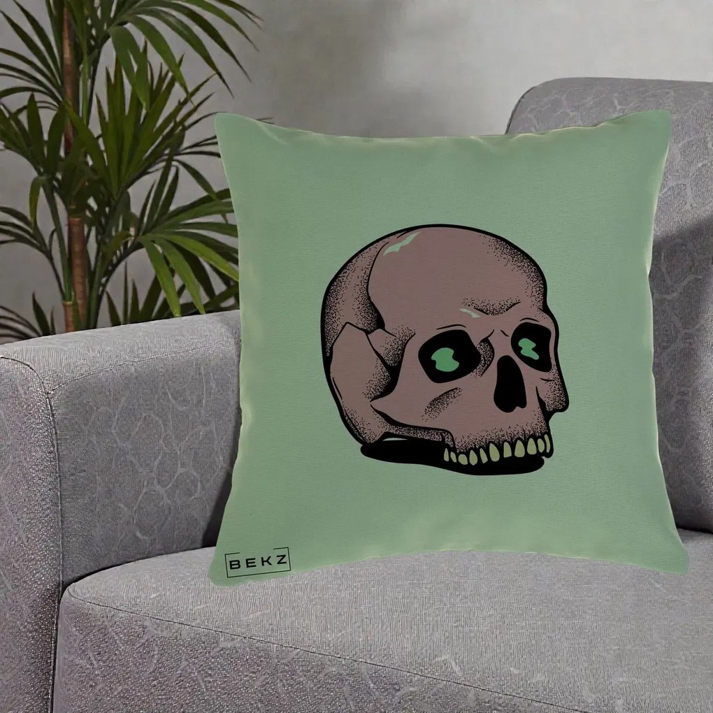 Perna decorativa Craniu Roz Tattoo Art Halloween, 40x40 cm cu Umplutura, Verde, BEKZ