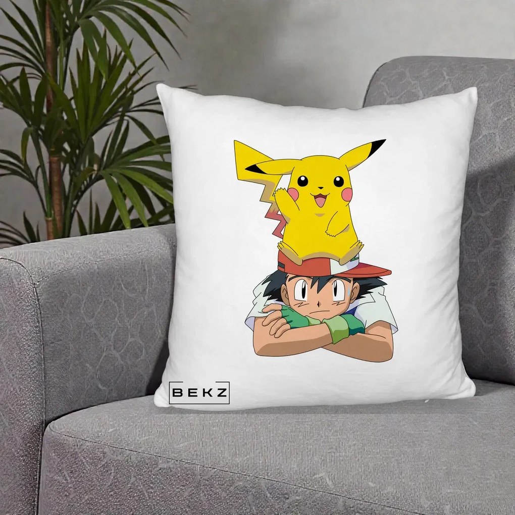 Perna Personalizata Ash si Pikachu, 40x40 cm, Alb Pufos, Husa Detasabila, Perna Inclusa, BEKZ®