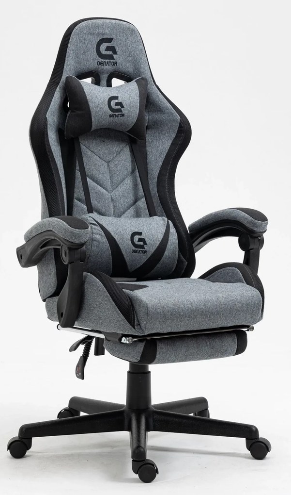 Scaun gaming, sistem iluminare bandă LED RGB, cu masaj în perna lombară, suport picioare, material textil, Gri/Negru