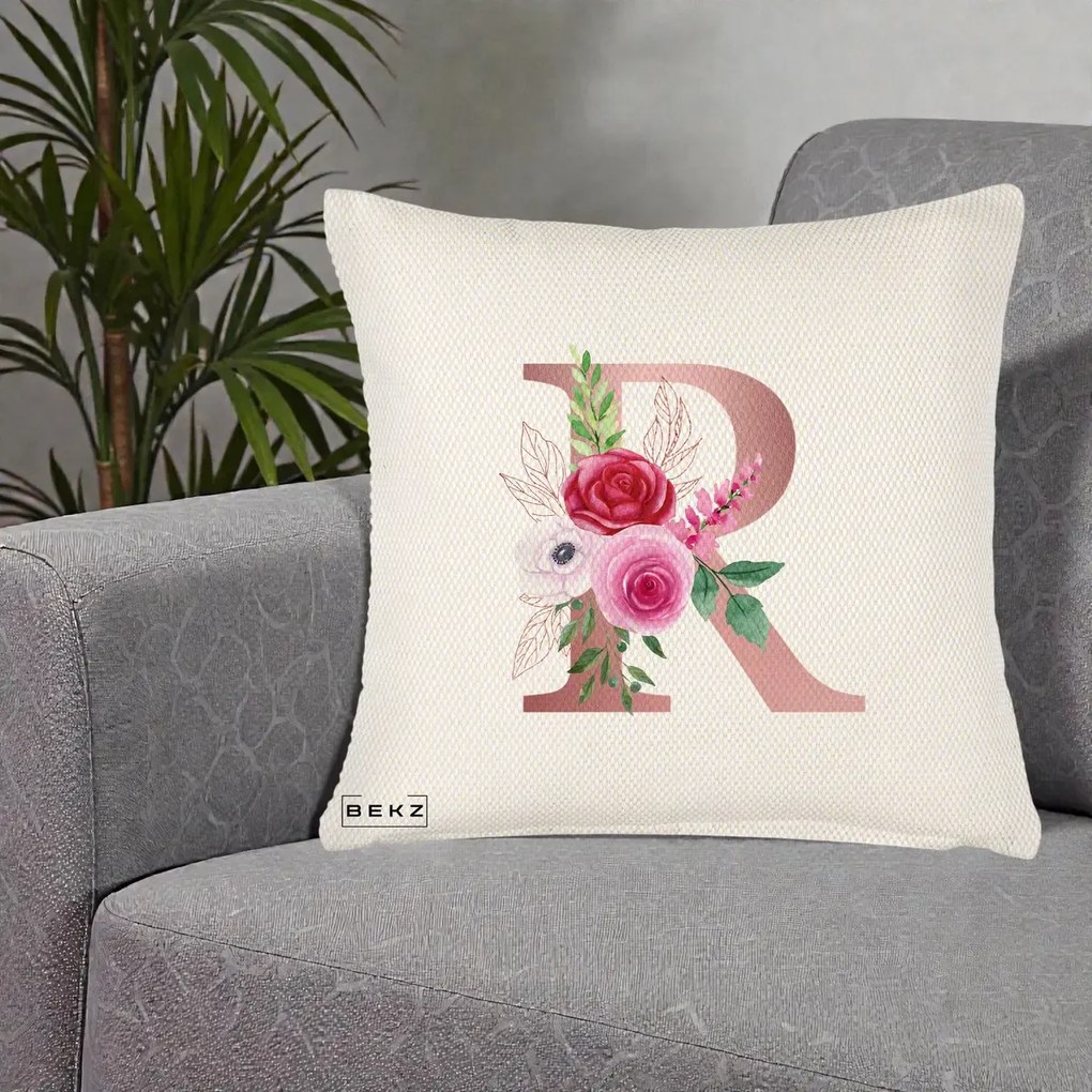 Cadou Personalizat - Perna Personalizata Monograma Rose Gold Litera R, 40x40 cm, Crem Reliefat, Husa Detasabila, Perna Inclusa, BEKZ®