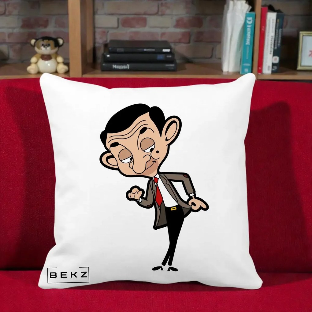 Perna Personalizata Mr. Bean Caricatura, 40x40 cm, Alba Mata, Husa Detasabila, Perna Inclusa, BEKZ®