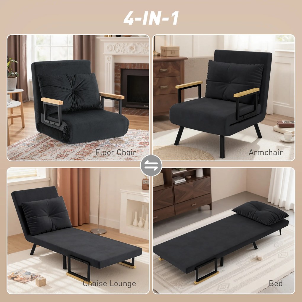 HOMCOM Canapea Extensibilă cu Spătar Reglabil pe 5 Nivele, Canapea Pat Individuală Pliabilă cu Perne, 63x73x81 cm, Negru | Aosom Romania