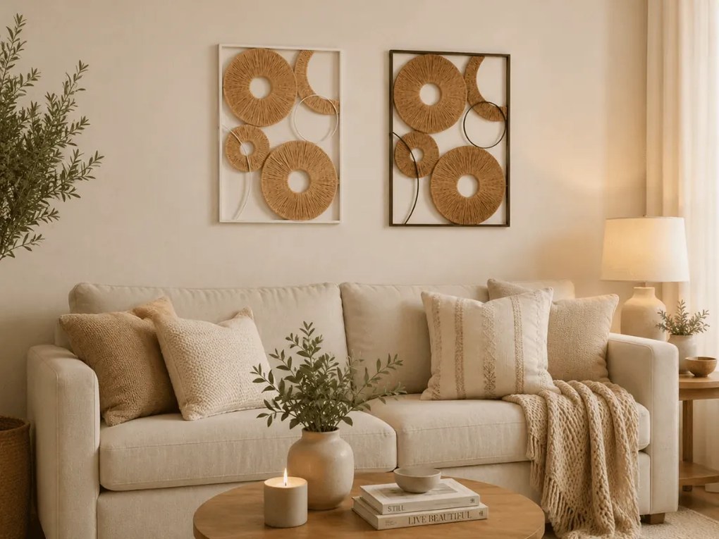 Set de 2 decoratiuni de perete CIRCLES metal 48x68 cm, maro / alb